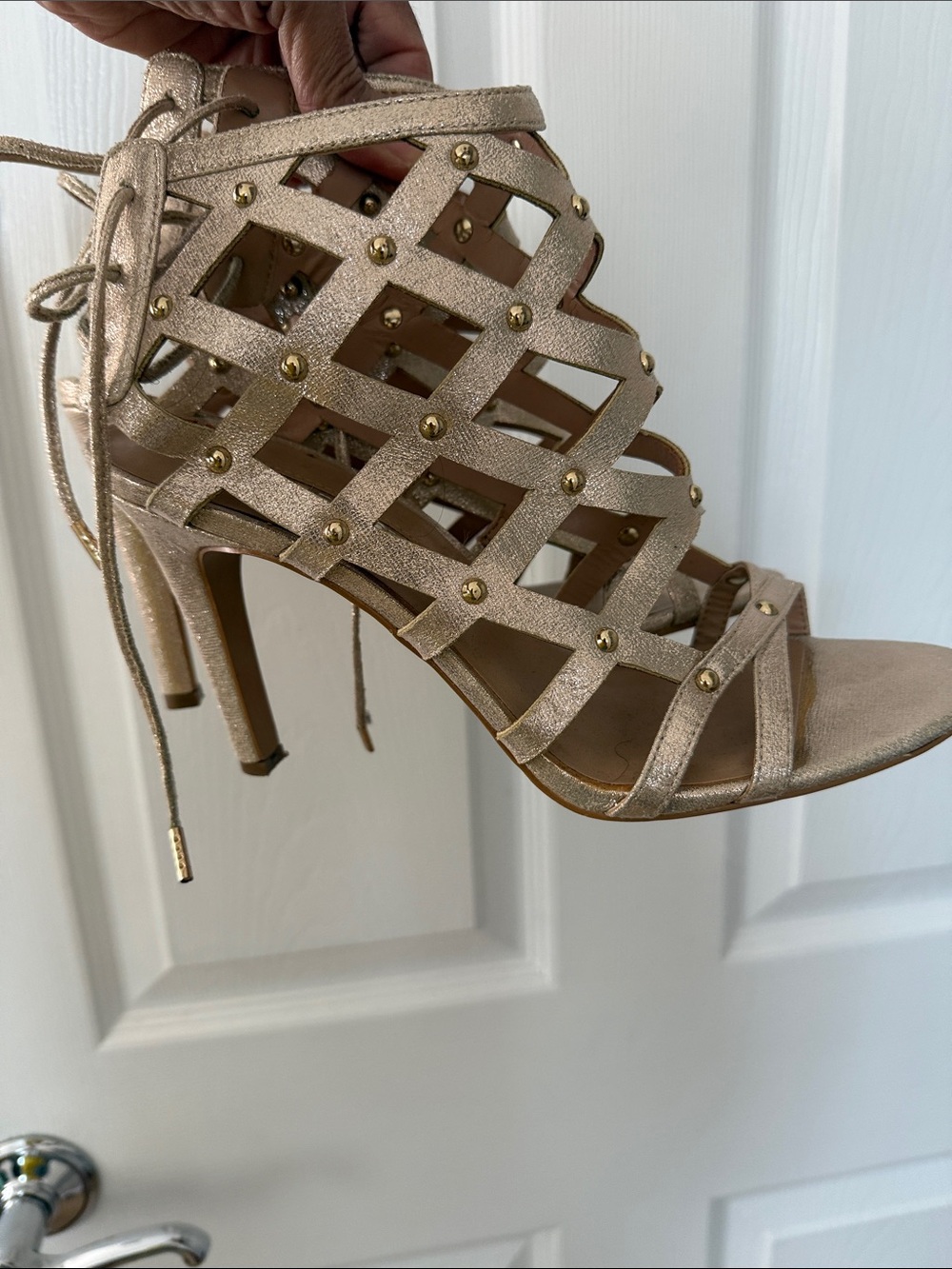 Audrey Brooke Metallic Gold Lace-Up Gladiator Heels